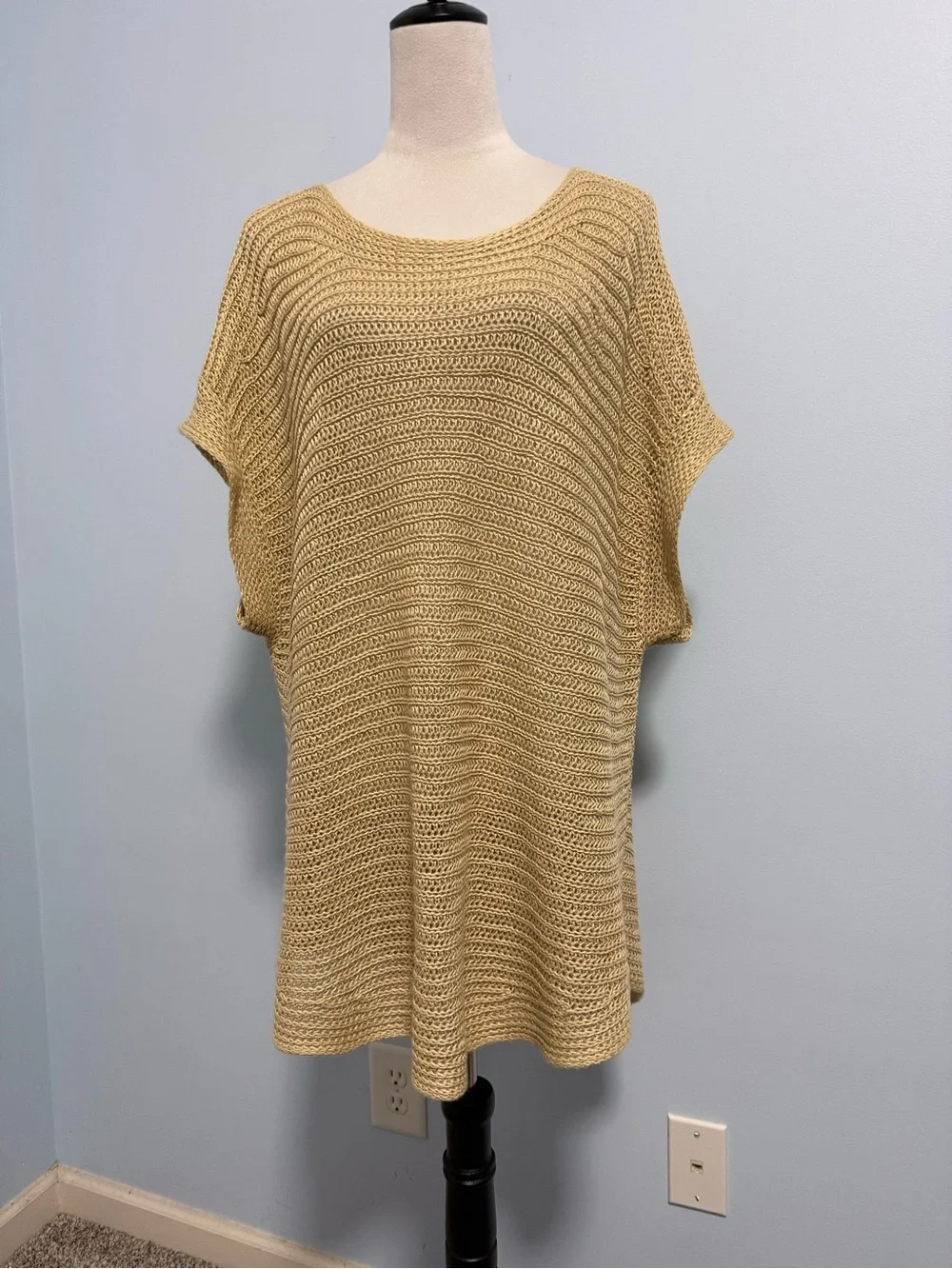 Lauren Ralph Lauren 2X 100% Linen Open Knit Poncho Tunic Sweater Beige